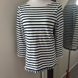 J Crew Striped Boatneck Tee Fringe Hem White Navy Top G0494 Small S